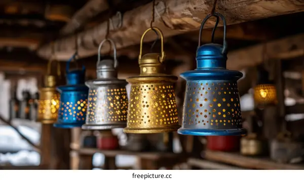 Ornate lanterns hang from wooden beams in a rustic barn.