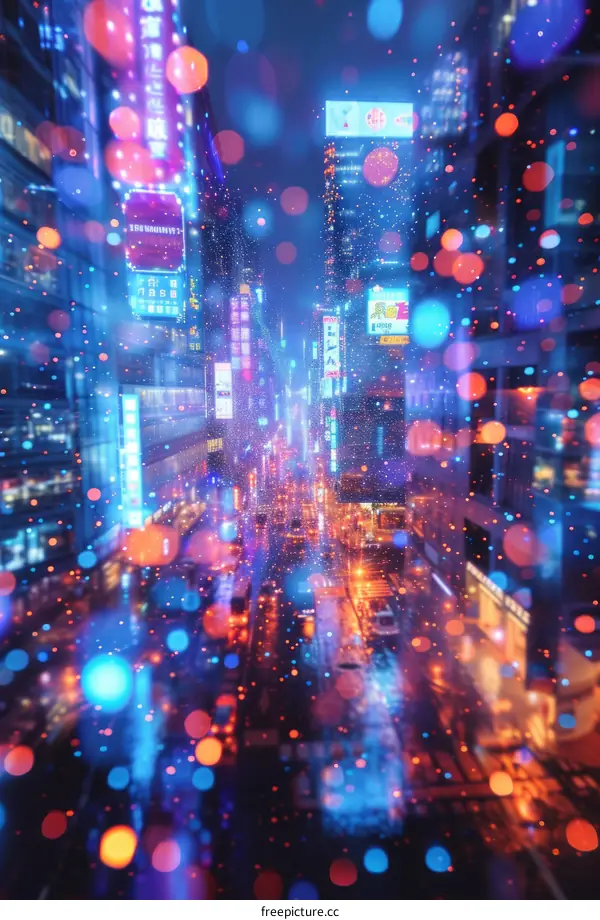 Cityscape of a modern city with skyscrapers and colorful lights at night