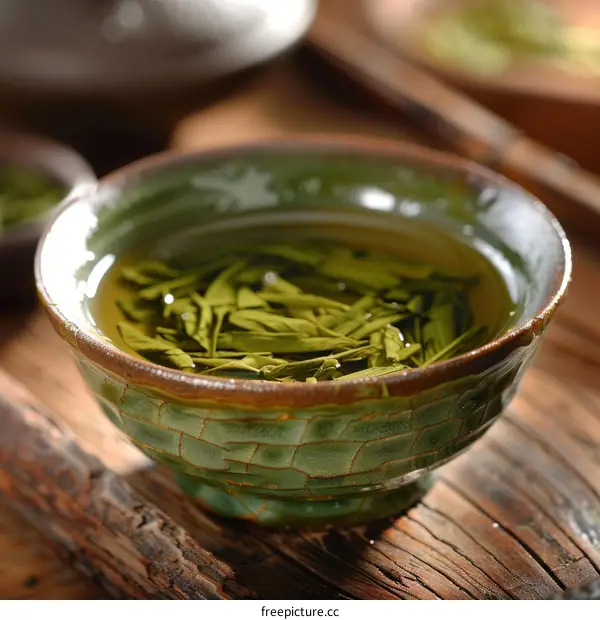 Green tea in a celadon cup on a wooden table