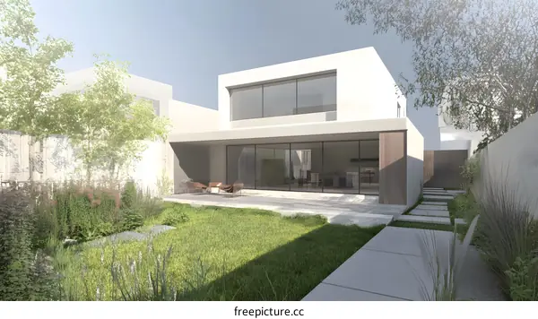 Modern Backyard Design With Minimalist House and Grass Lawn