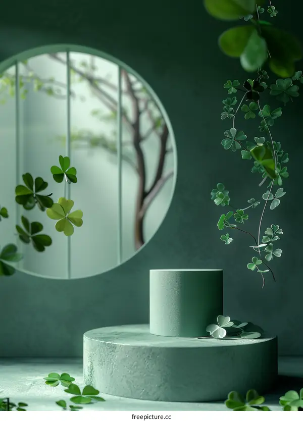 Green product display background with clovers