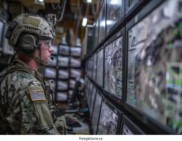 A soldier monitors multiple screens displaying video feeds in a surveillance center.