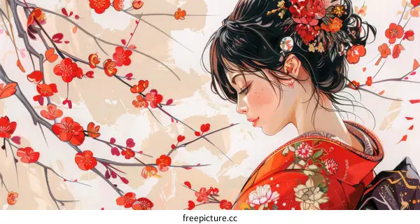 Japanese Woman in Red Kimono with Cherry Blossoms