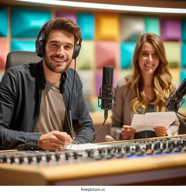 Two radio hosts sit at a broadcast console and prepare to go live on air