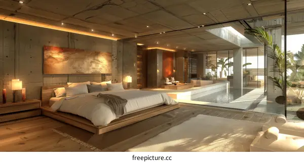 Modern Bedroom with Scenic Indoor Pool