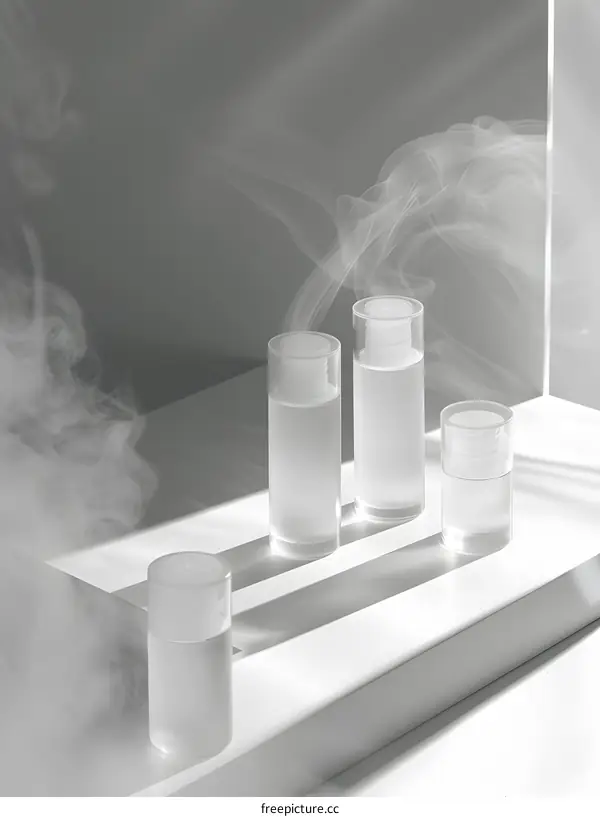 Four cosmetic bottles on a white platform with smoke
