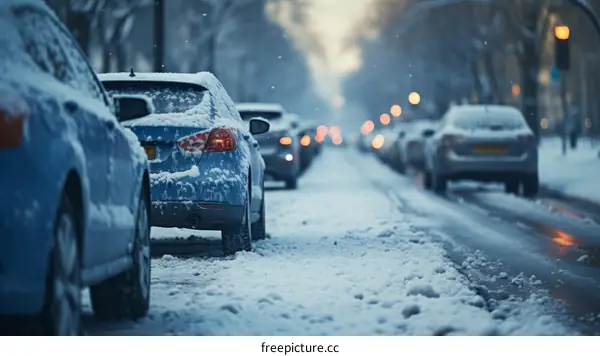 Snowy City Street with Parked Cars