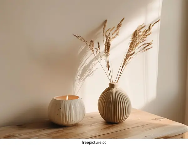 Minimalist Home Decor with Dried Grass in Vase and Candle