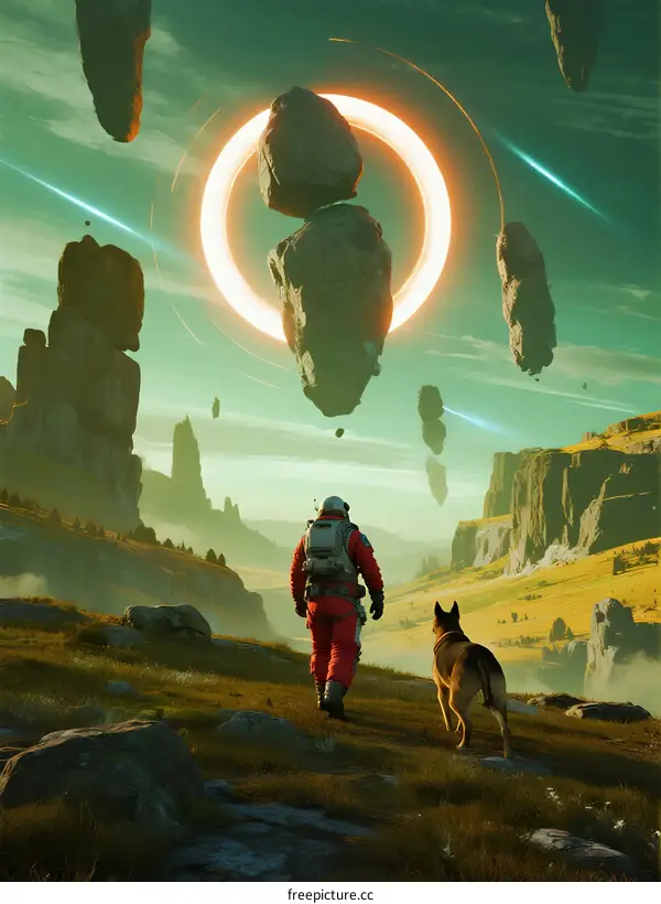 Astronaut with Dog Exploring Floating Rock Formation Under Holographic Ring