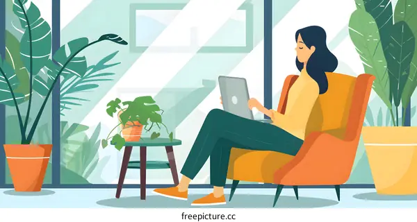 Woman Working on Laptop in a Cozy Living Room with Plants