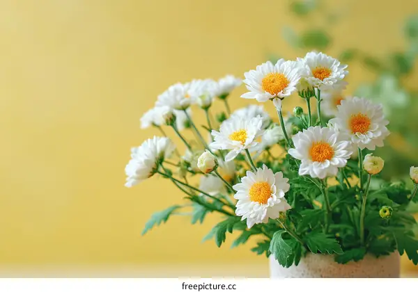 White Chrysanthemum Bouquet Against a Yellow Background
