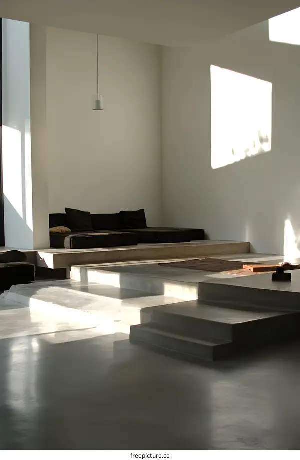 Modern Minimalist Interior Design with Concrete Stairs and Sunlight
