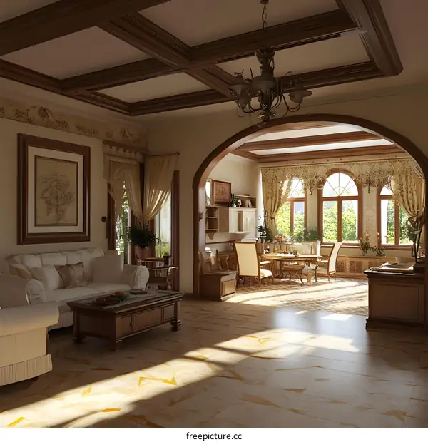 Living Room Interior Design With Wooden Beams And Arched Doorway