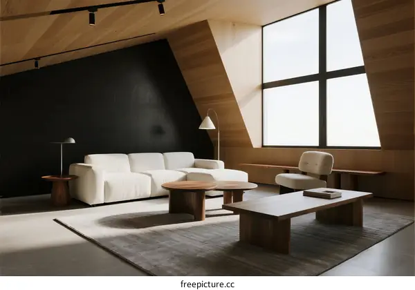 Modern minimalist living room with large windows and wooden furnishings