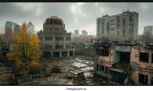 Rundown buildings with a golden dome in the middle