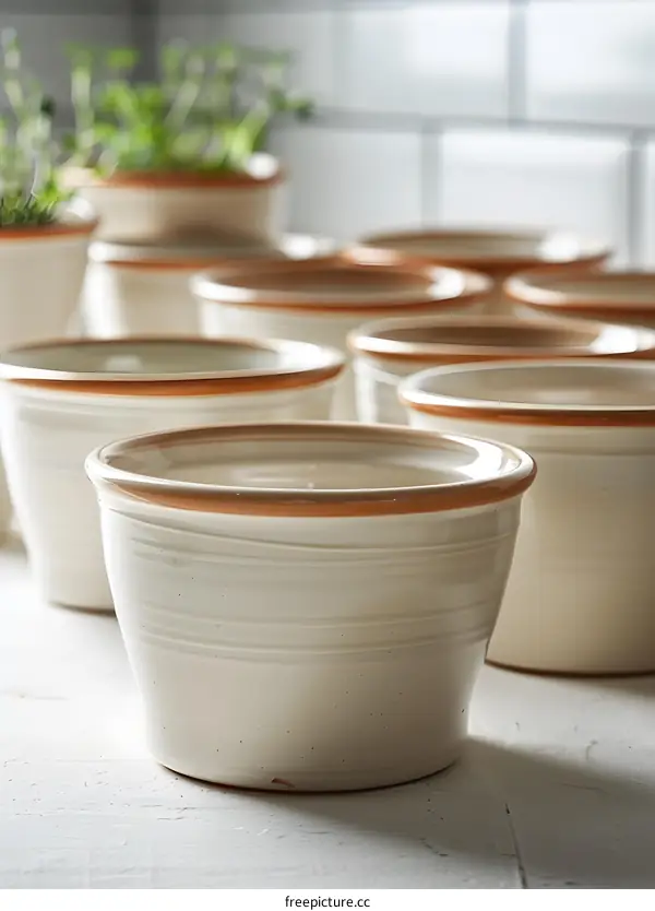 White ceramic bowls on a white table