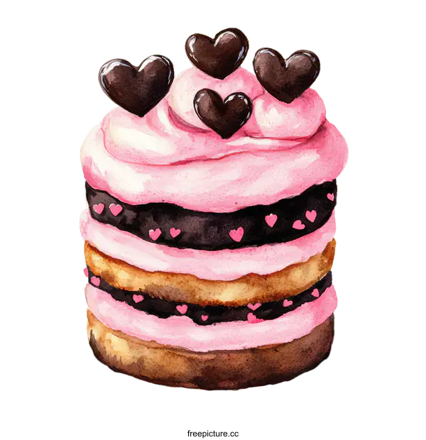 [Transparent Background PNG]Watercolor Illustration of a Layered Cake with Pink Frosting and Chocolate Hearts