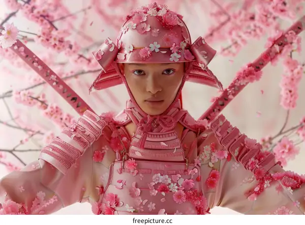 A woman wearing a pink samurai armor with cherry blossoms