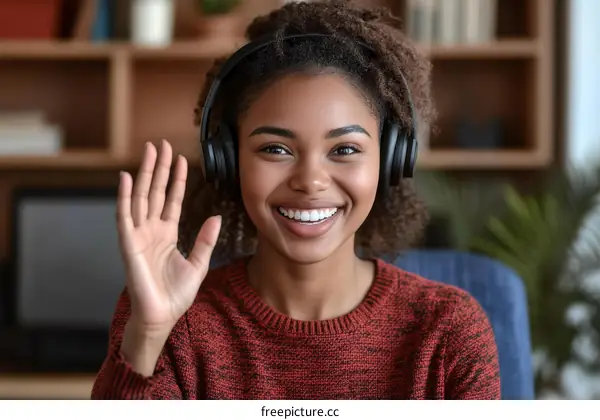 Smiling Young Black Woman Waving Hello