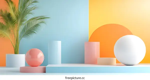 Minimalist Geometric Shapes With Palm Tree and Bright Colors