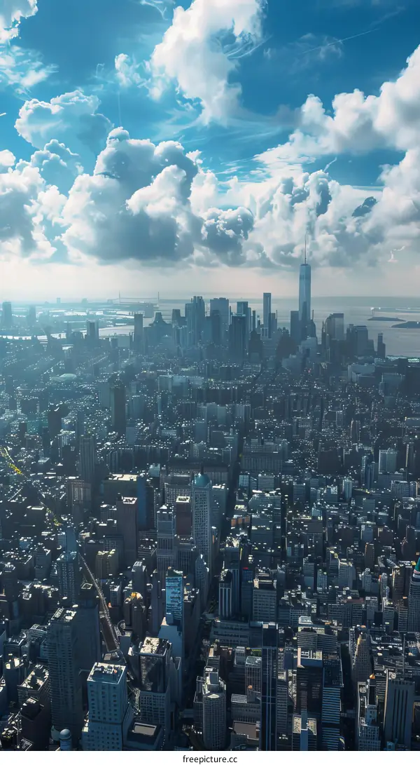 Aerial View of Manhattan Skyline with Clouds