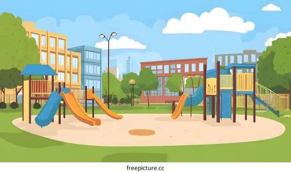 Cartoon Illustration of Playground with Slides and Swings in Front of Modern Buildings