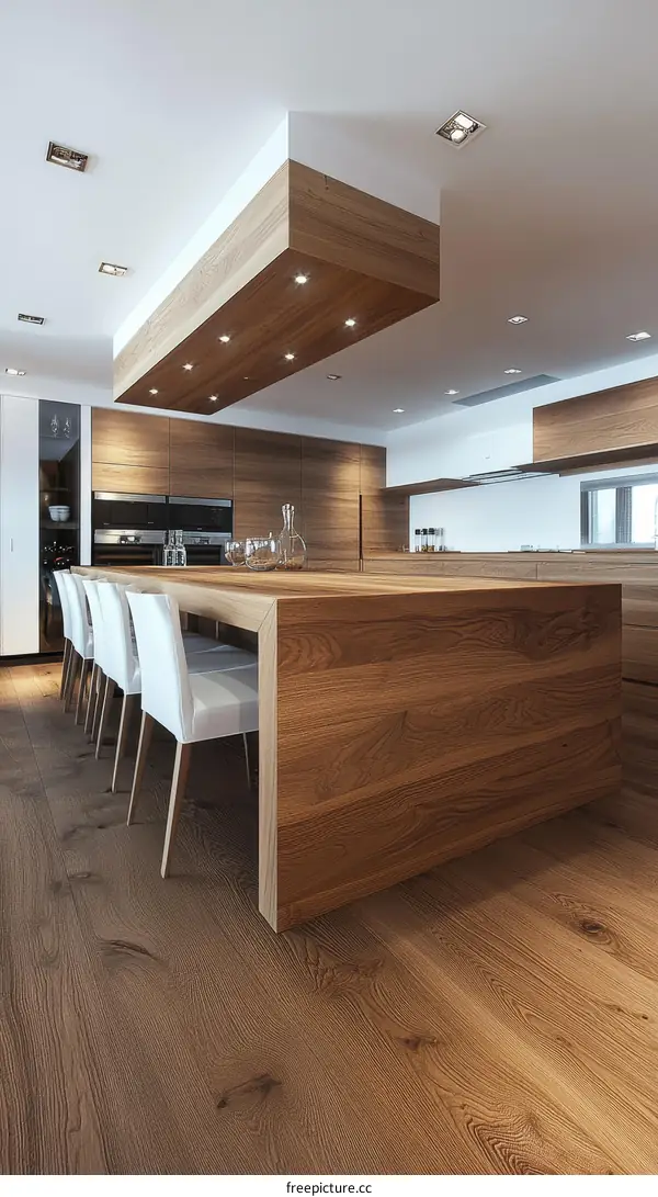 Modern Wooden Kitchen Island with Pendant Lighting
