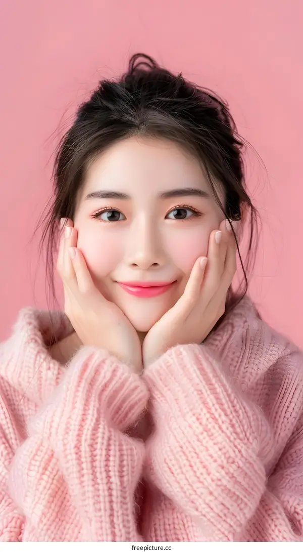 Beautiful Asian Woman Wearing Pink Sweater