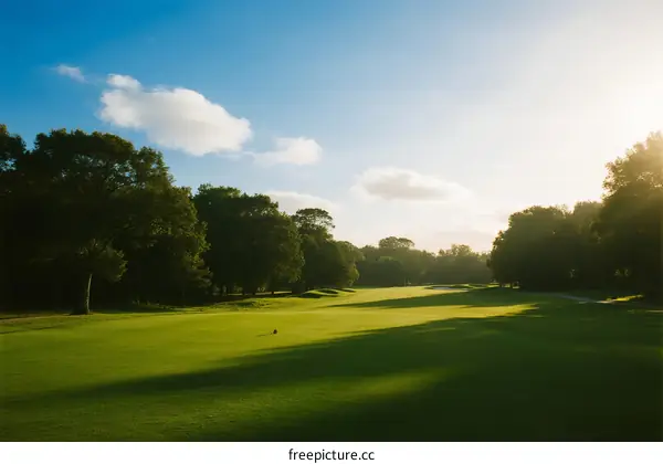 A beautiful sunny day view of a golf course with green grass and trees