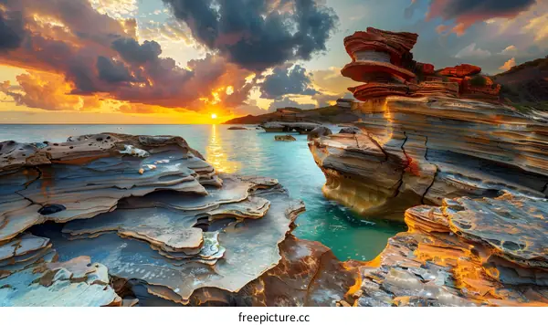 Sunrise Over The Sea With Layered Rocks