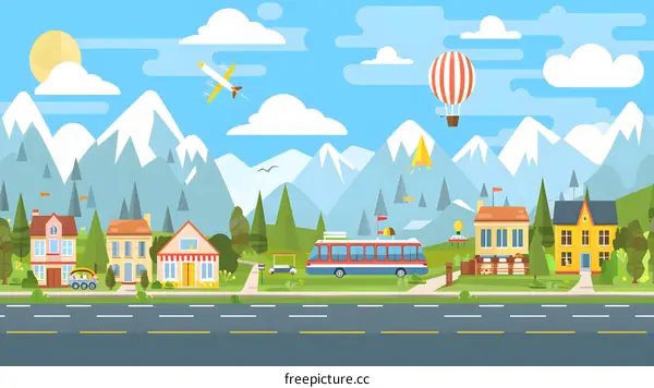 Cartoon Illustration of a Small Town with Mountains in the Background