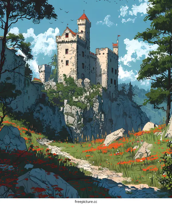 Stone Castle on Mountain Cliff Landscape Illustration