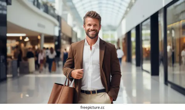 Bearded man in brown suit with shopping bag in mall