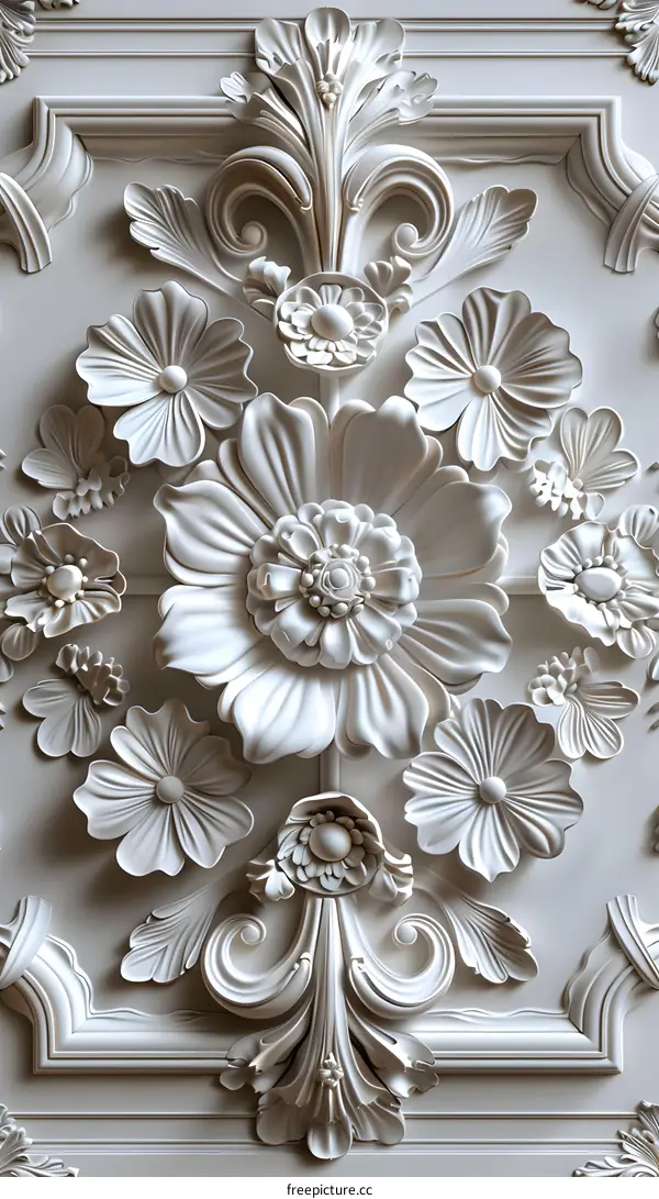 White flowers and leaves bas-relief