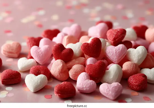 Colorful Heart-Shaped Candies on Pink Background