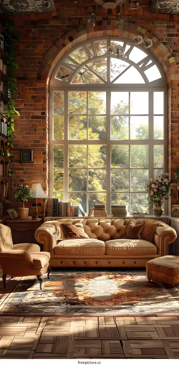 Cozy Living Room with Large Arch Window and Vintage Sofa