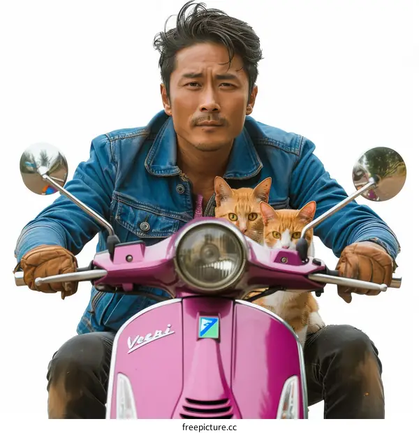 A man riding a scooter with two cats on it
