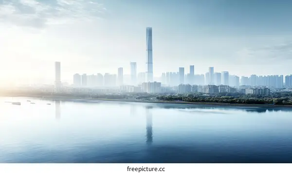 Panoramic Cityscape at Dawn over River