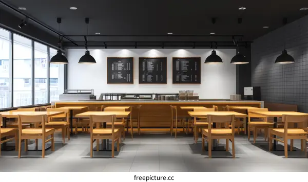 Modern Cafe Interior Design with Wooden Tables and Chairs