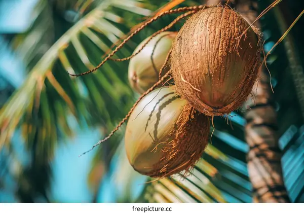 Close Up of Coconuts and Green Palm Tree Leaves