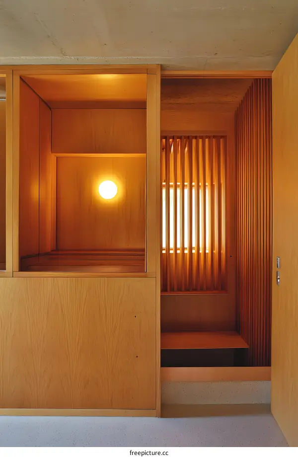 Modern Minimalist Interior Design with Wooden Wall Panels and a Circular Light Fixture