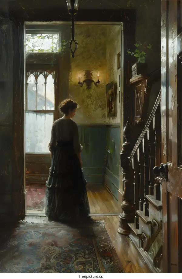 elegant woman standing in the hallway of her home