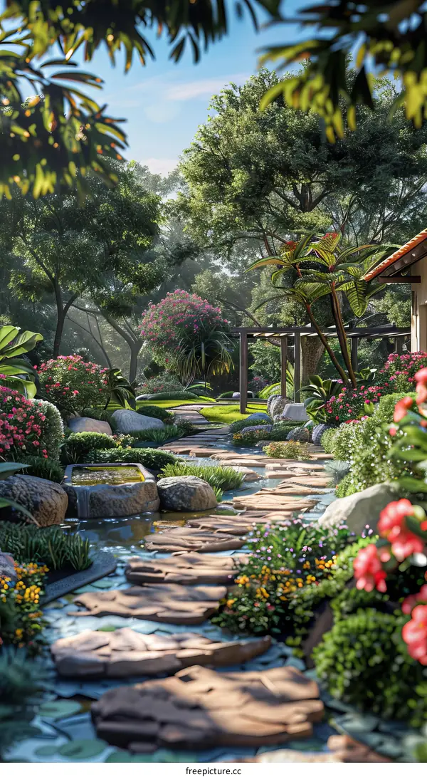 Tropical Courtyard with Stepping Stones and Lush Vegetation