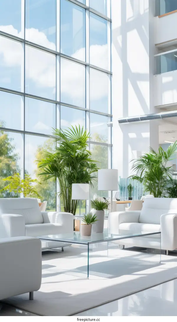 White and Green Reception Area with Modern Interior and Bright Natural Light