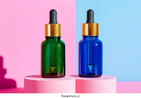 Modern Cosmetic Bottles on Pink and Blue Background