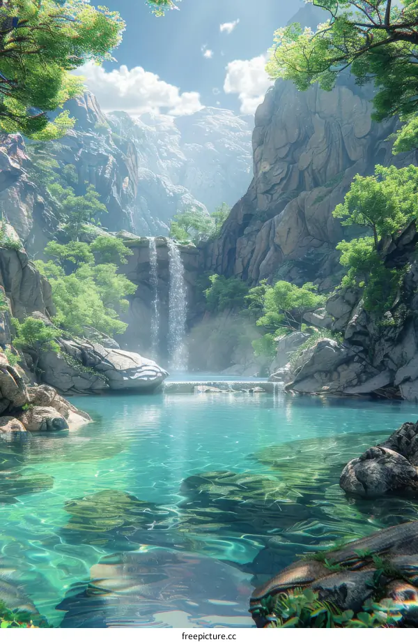 Fantasy Waterfall Landscape with Majestic Mountains