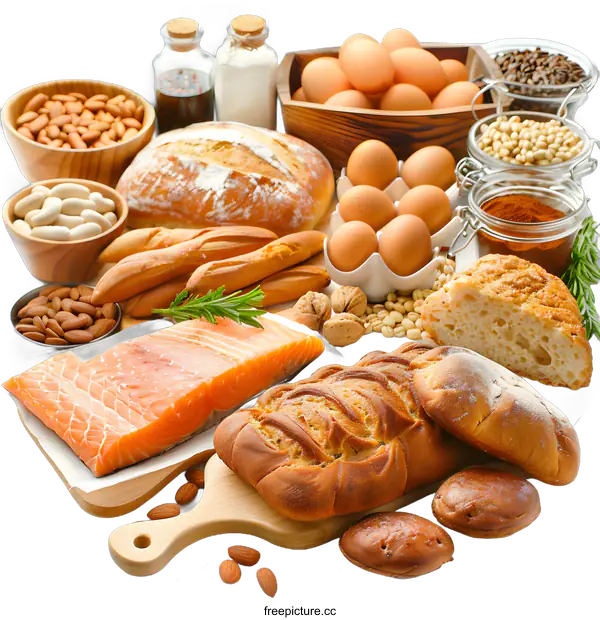 [Transparent Background PNG]Food Group Collection of Bread, Eggs, Salmon, and Nuts