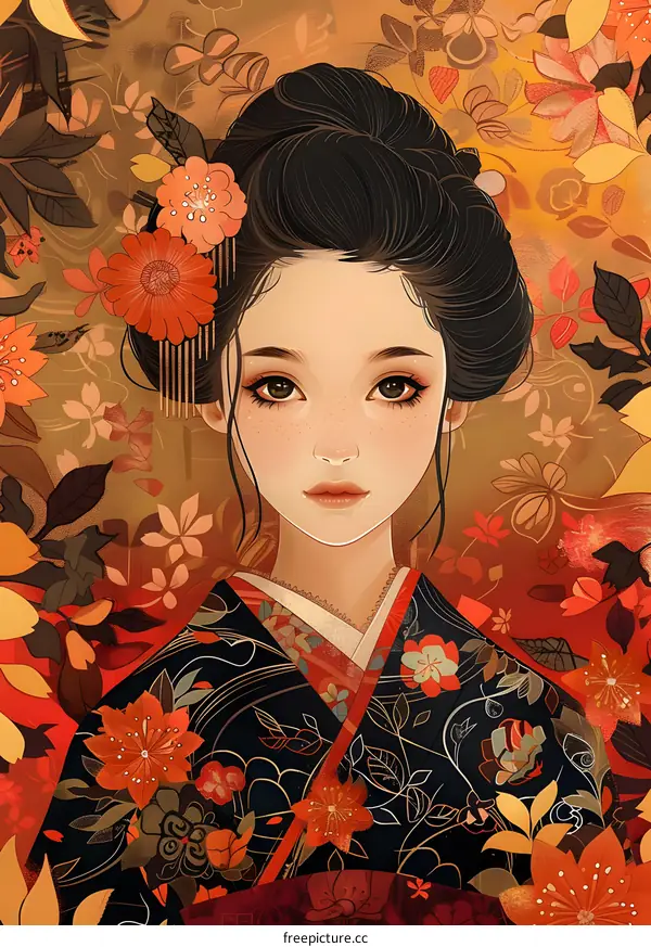 portrait of a beautiful asian woman in a kimono with red and orange flowers in her hair and a traditional japanese pattern in the background