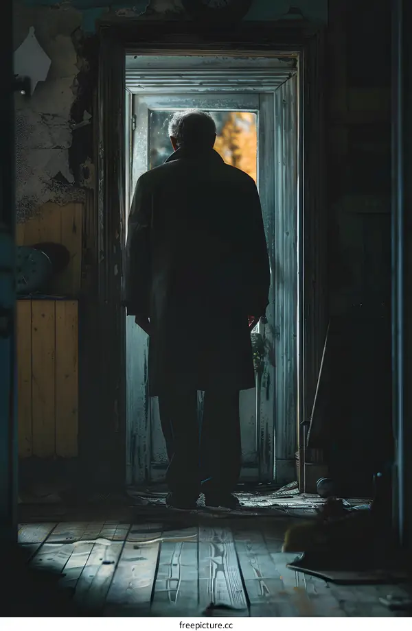 An old man standing in a doorway looking out