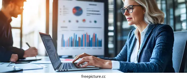 Businesswoman Working on Laptop with Data Charts in Background